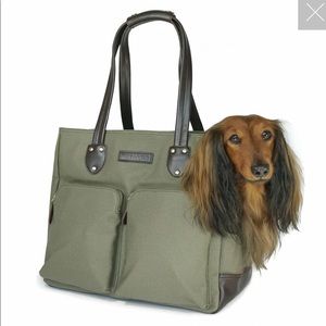 Dog Carrier Bag - Waxed Canvas & Leather Pet Travel Tote - Olive Green